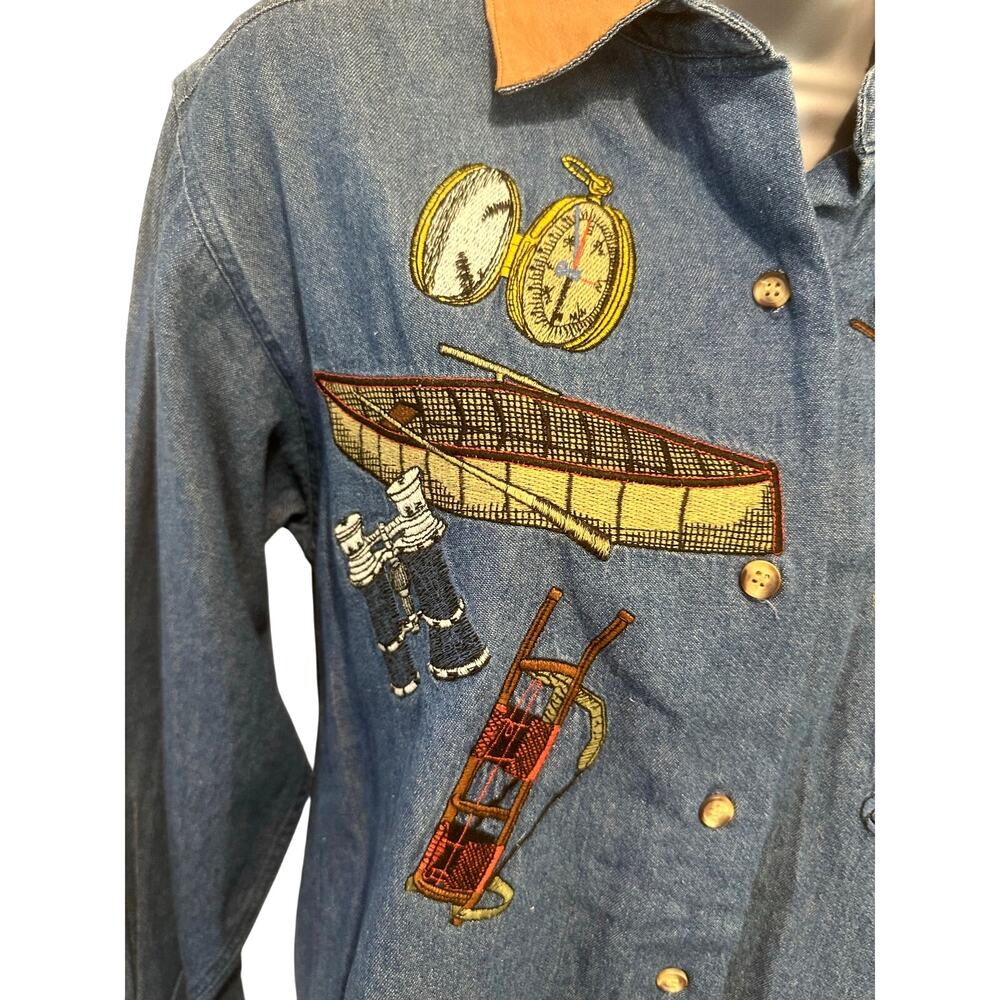 Cambridge Dry Goods Country Store Women’s Denim Embroidered Leather Collar Shirt - Picture 4 of 13